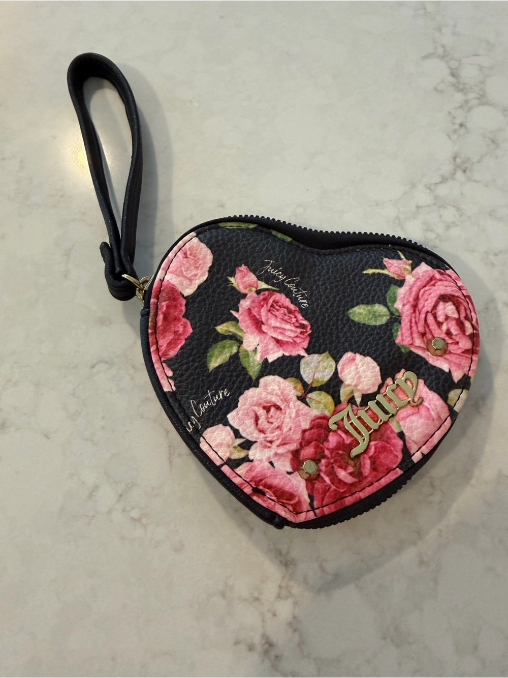 Juicy Couture Black Floral Heart Wristlet Coin Purse